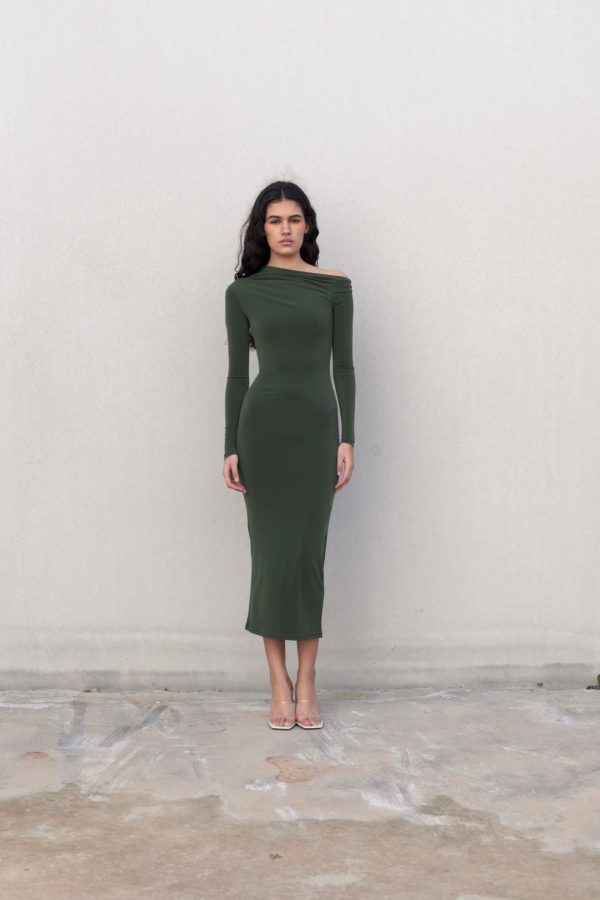 VESTIDO CAQUI ASIMETRICO MIDI - Imagen 2