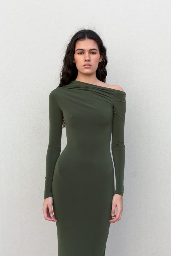 VESTIDO CAQUI ASIMETRICO MIDI - Imagen 3